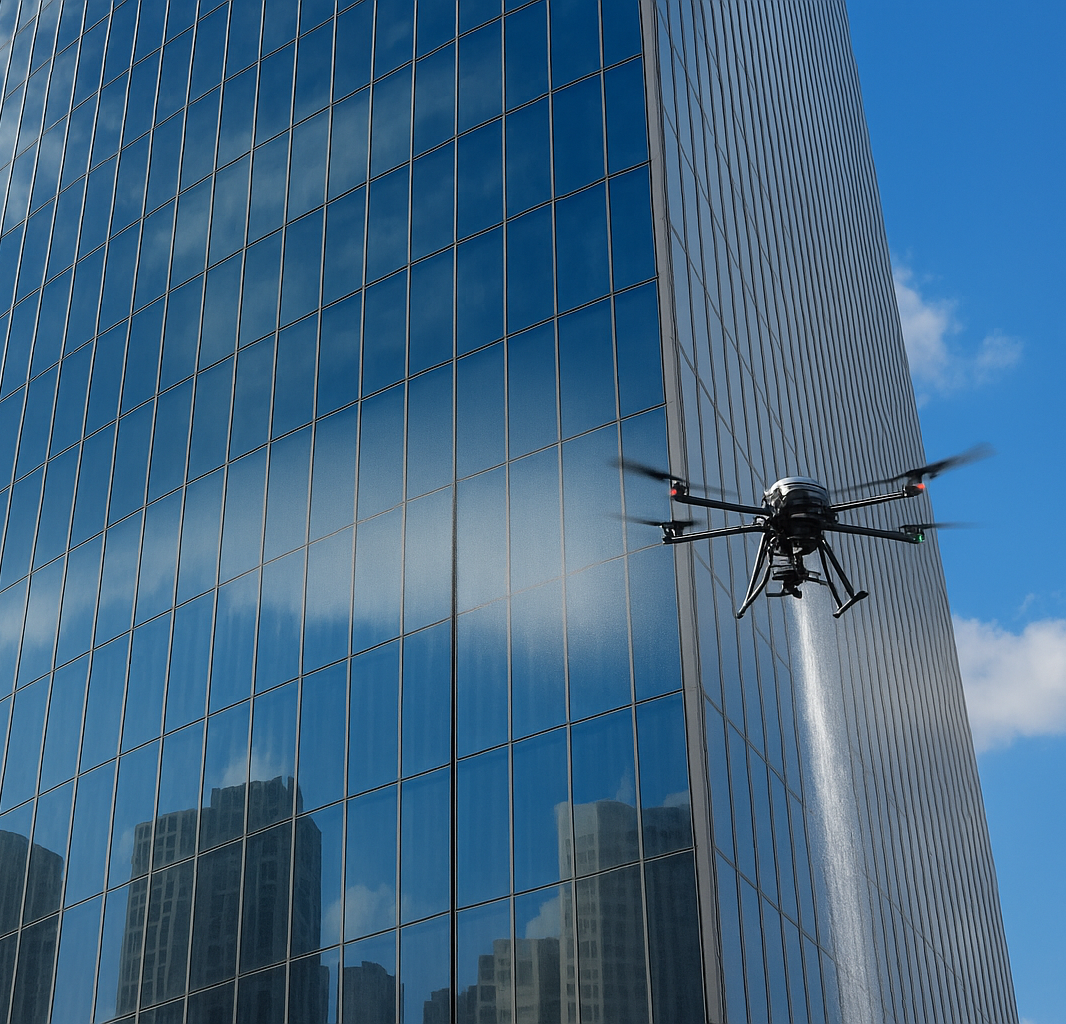 Drone cleaning a skyscraper, wide shot
